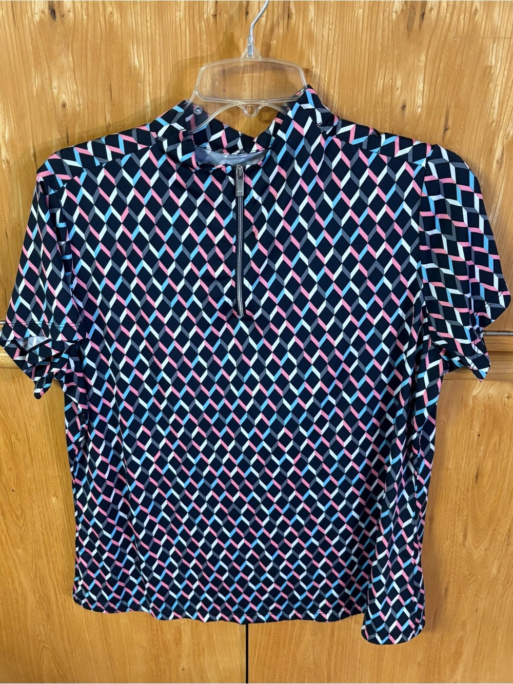 Tail White Label Geometric Print Short Sleeve Zip-Front Top